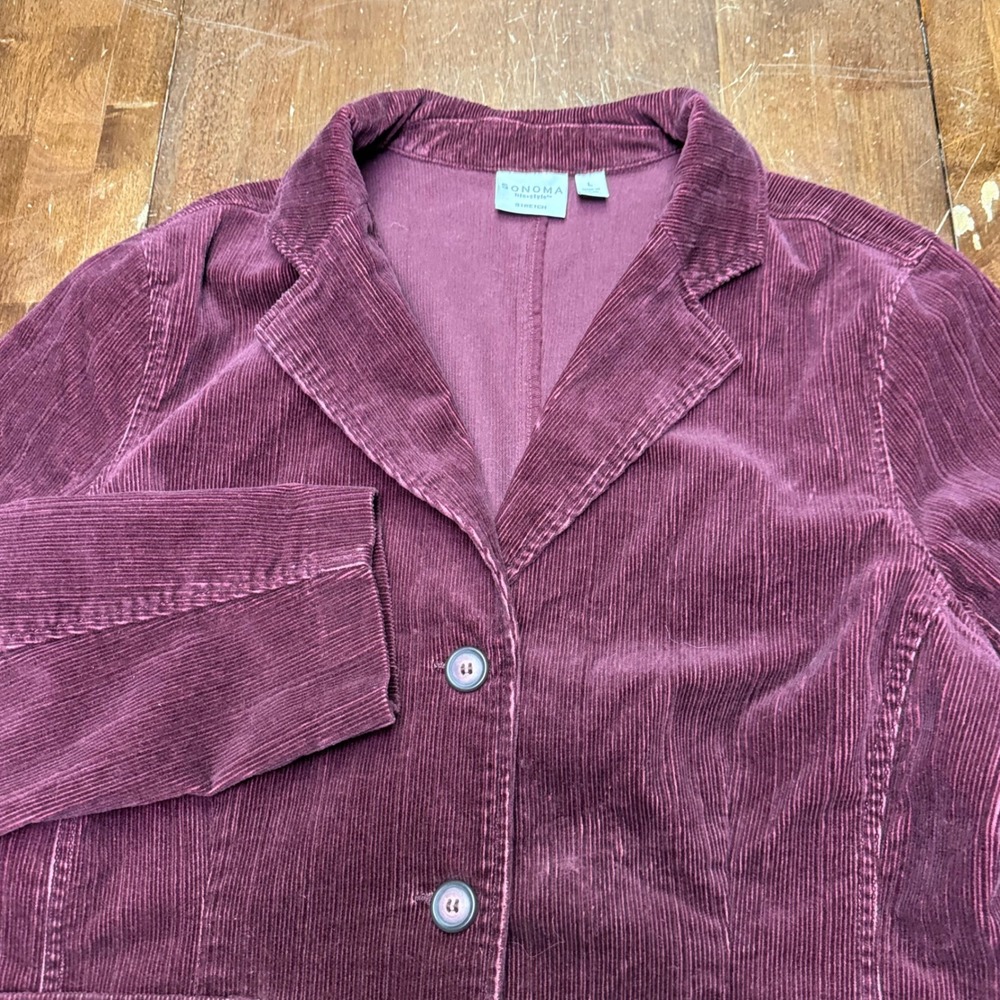New Sonoma Blazer Women L Burgundy Corduroy Stretch Button Front Jacket